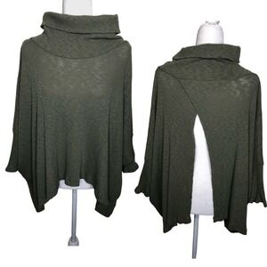 FP Beach World Traveler Olive Green Ribbed Split Back Cowl Neck Pullover Medium
